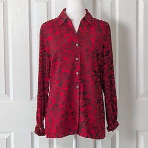 FRED DAVID Stretch Women's Long Sleeve Button Down Top Shirt  Size M  Red Print